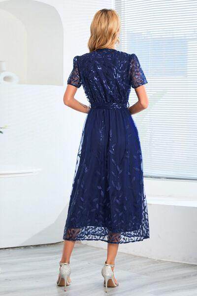 Sequin Leaf Embroidery Tie Front Short Sleeve Dress for Women