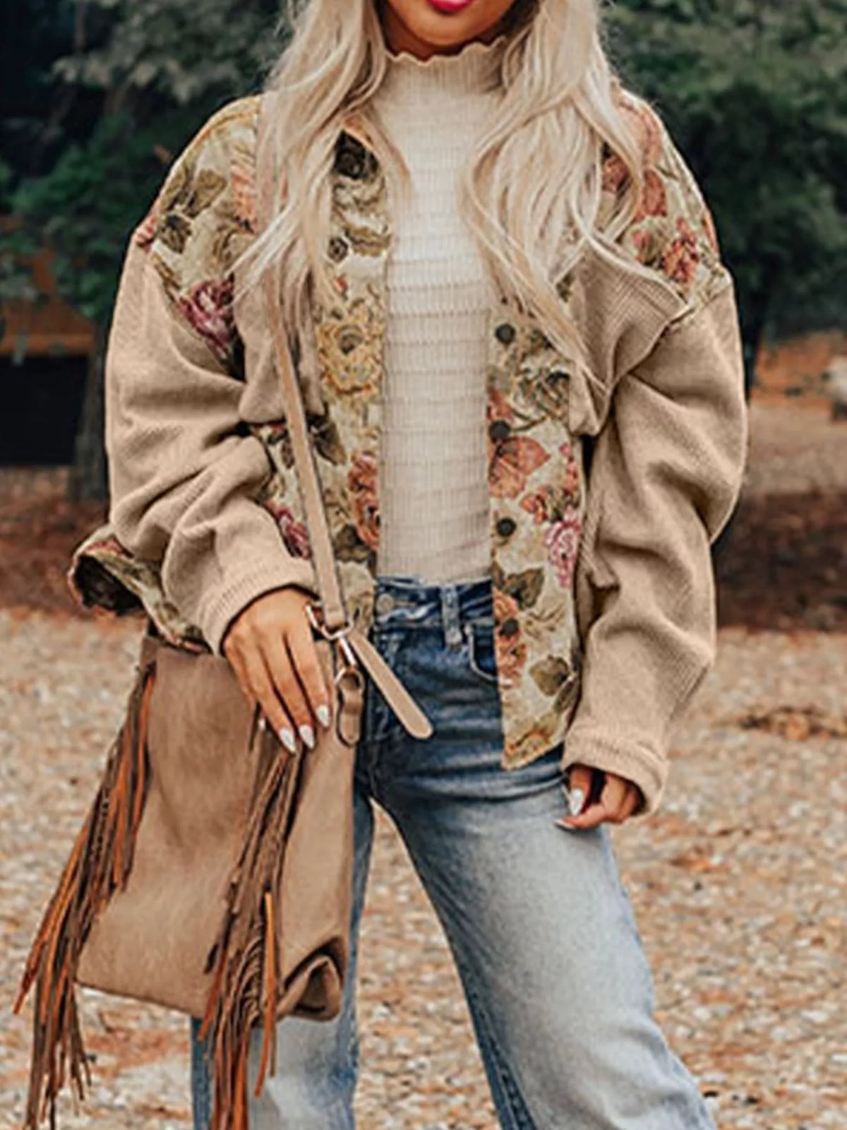 Floral Waffle Knit Patchwork Chest Pockets Buttoned Jacket