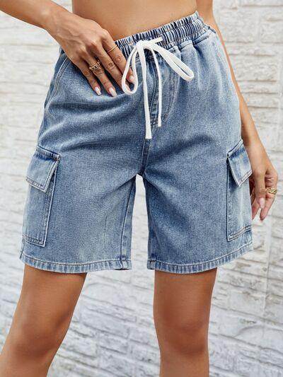 Drawstring Denim Shorts with Pockets for Women Fashion