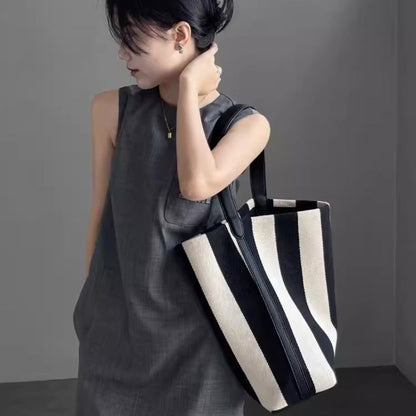 Striped Canvas Bag Large Capacity – Stylish Tote Bag, Versatile Shoulder &amp; Bucket Bag