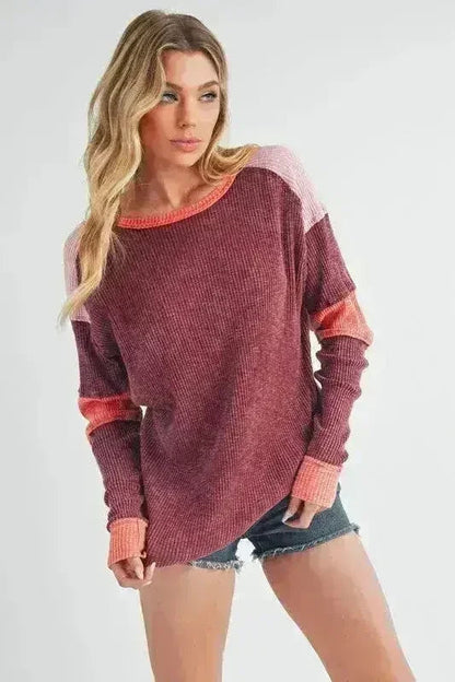 Color Block Knit Top – Raw Seam Detail &amp; Cotton-Spandex Blend