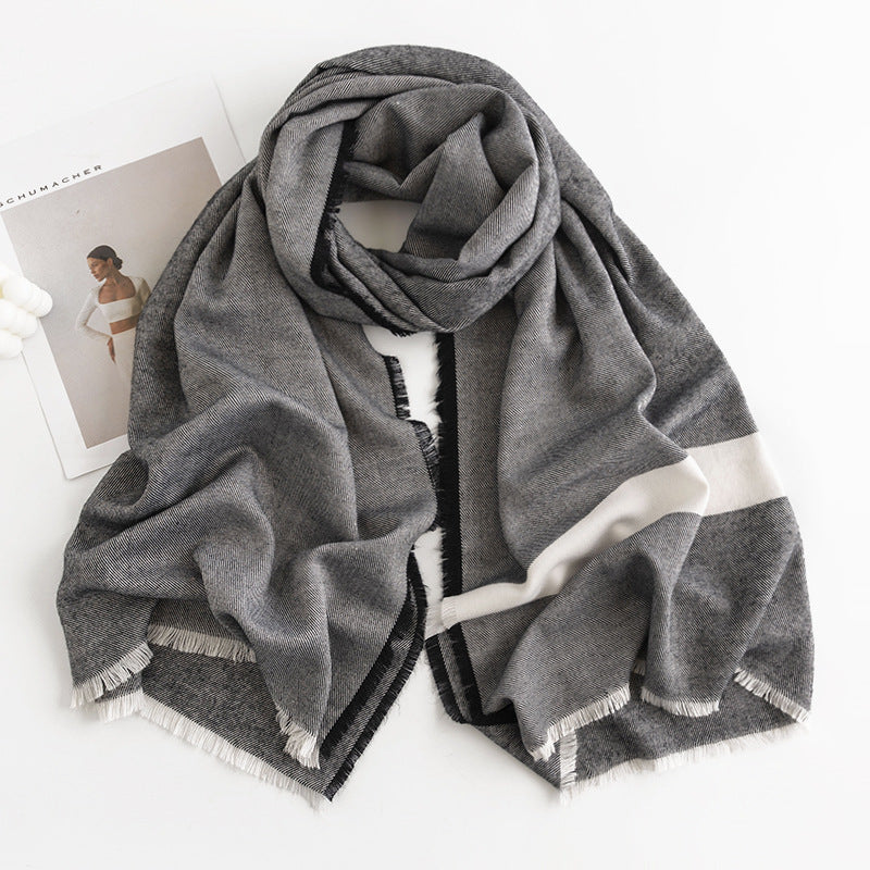 Herringbone Pattern Monochrome Artificial Cashmere Scarf Women&