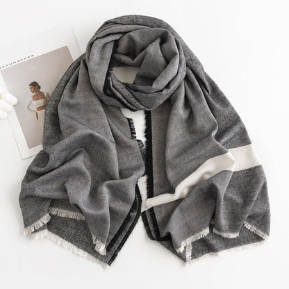 Herringbone Pattern Monochrome Artificial Cashmere Scarf Women&