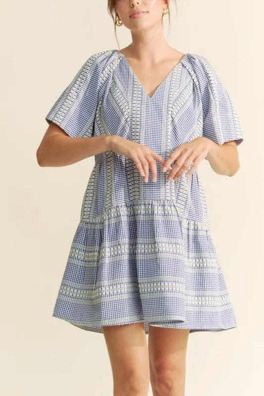 Davi &amp; Dani Embroidered Stripe Ruffled Gingham Mini Dress