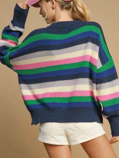 Contrast Striped Round Neck Long Sleeve Sweater for Women
