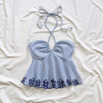 One-shoulder Strap Backless Striped Tie-top