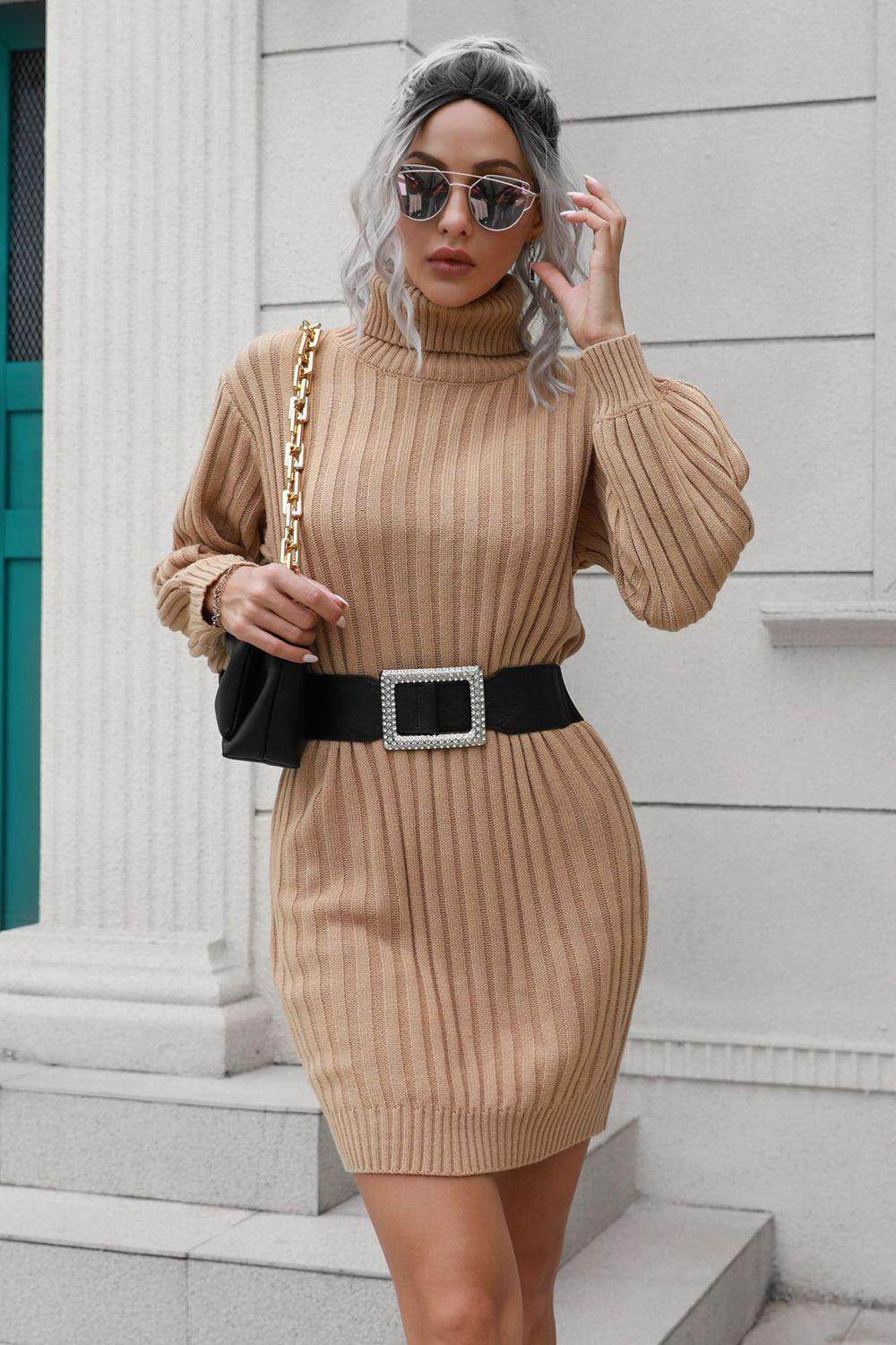 Ribbed Turtle Neck Long Sleeve Mini Sweater Dress for Women