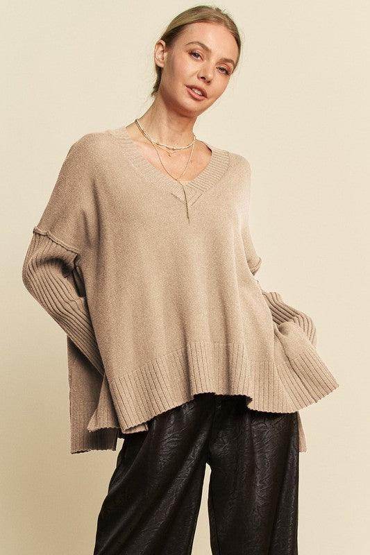 Davi &amp; Dani Ribbed Side Slit V-Neck Sweater for Women