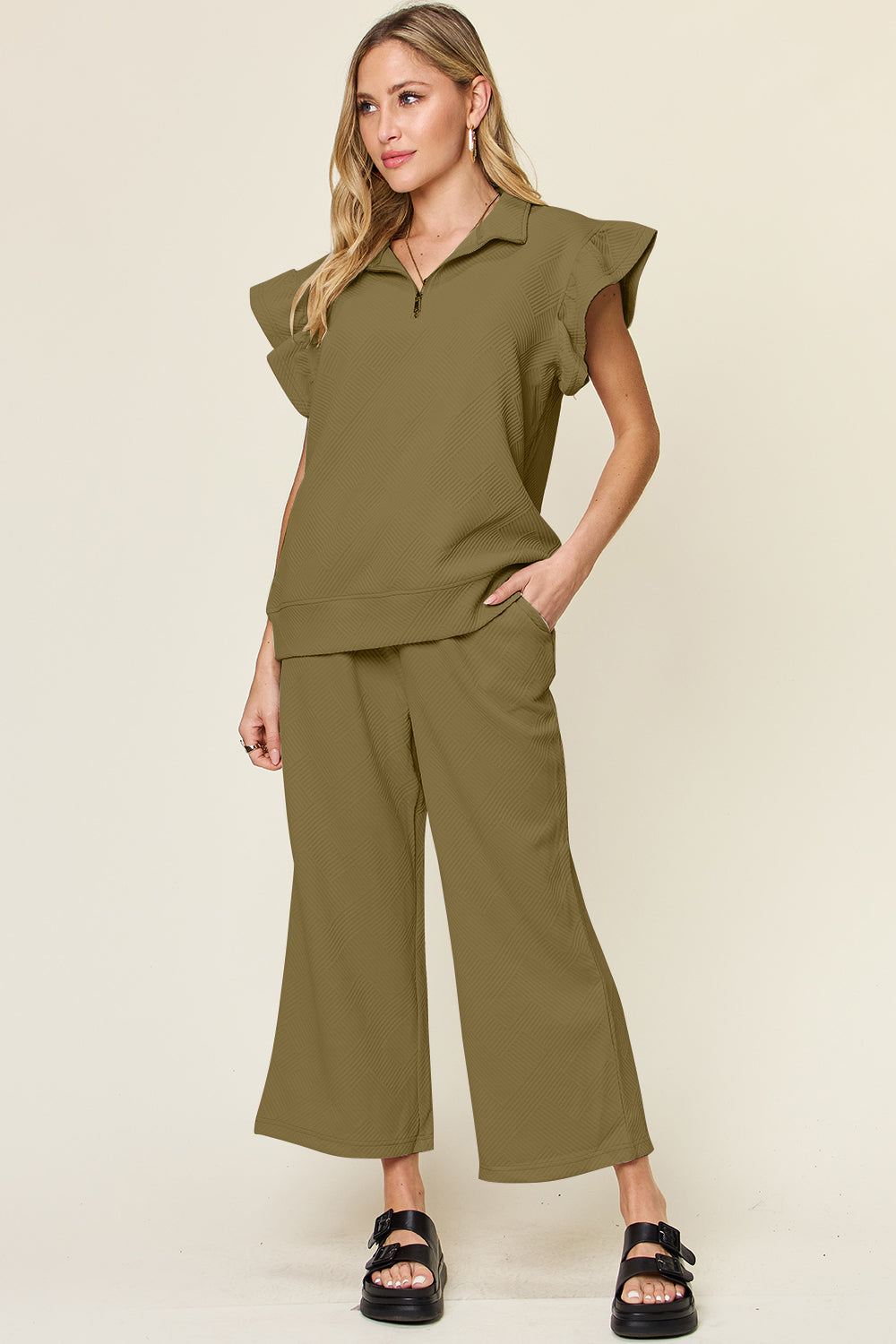Textured Ruffle Top &amp; Drawstring Wide Leg Pants Set