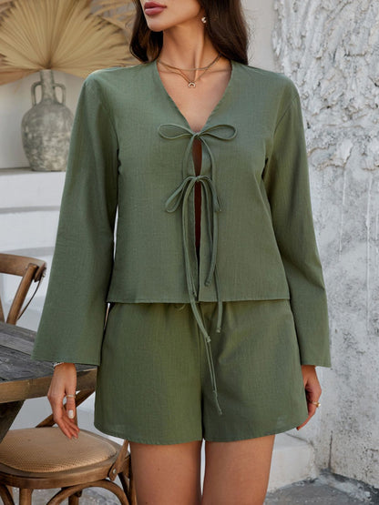Devine Double Tied V-Neck Top and Shorts Set