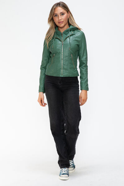 Women Classic Snobbish Faux Leather Zip-Up Drawstring Hooded Jacket Edgy &amp; Casual PU Leather Jacket For Streetwear