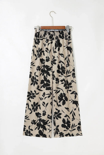 Blue Floral Smocked Frill Waist Wide Leg Pants