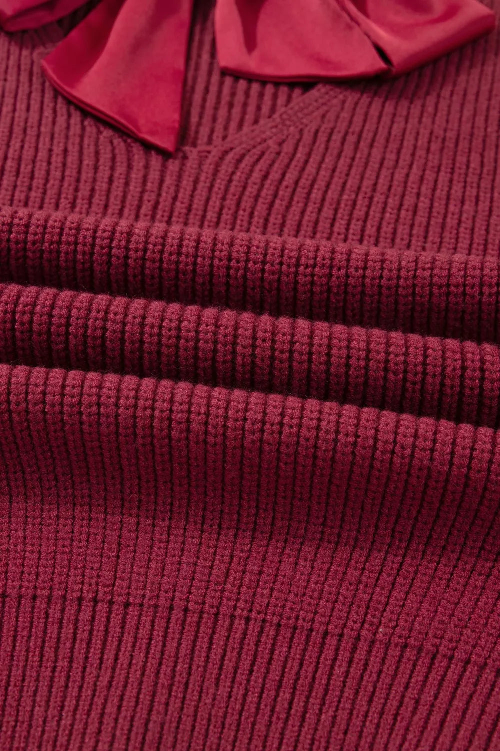 Ribbed Knit Ribbon Knot Backless Drop Shoulder Sweater