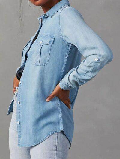 Collared Neck Roll-Tab Sleeve Denim Top for Women
