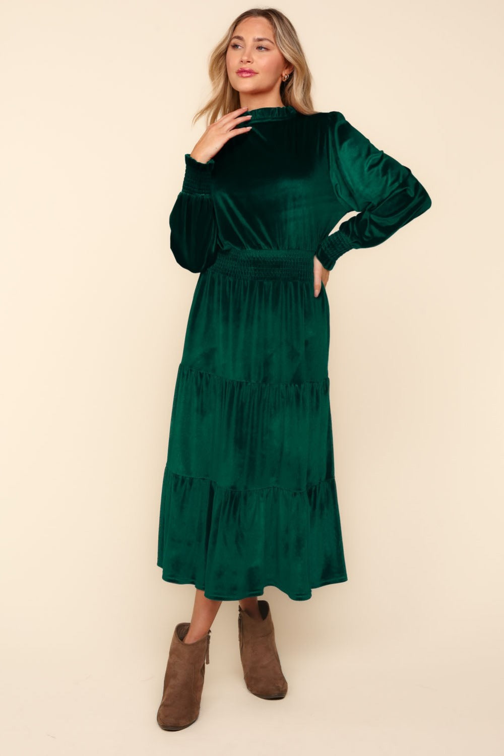 Mock Neck Smocked Waist Velvet Tiered Dress – Elegant Velvet Dress, Tiered Babydoll Dress, Smocked Waist Dress, Velvet Party Dress, Long Sleeve Dress