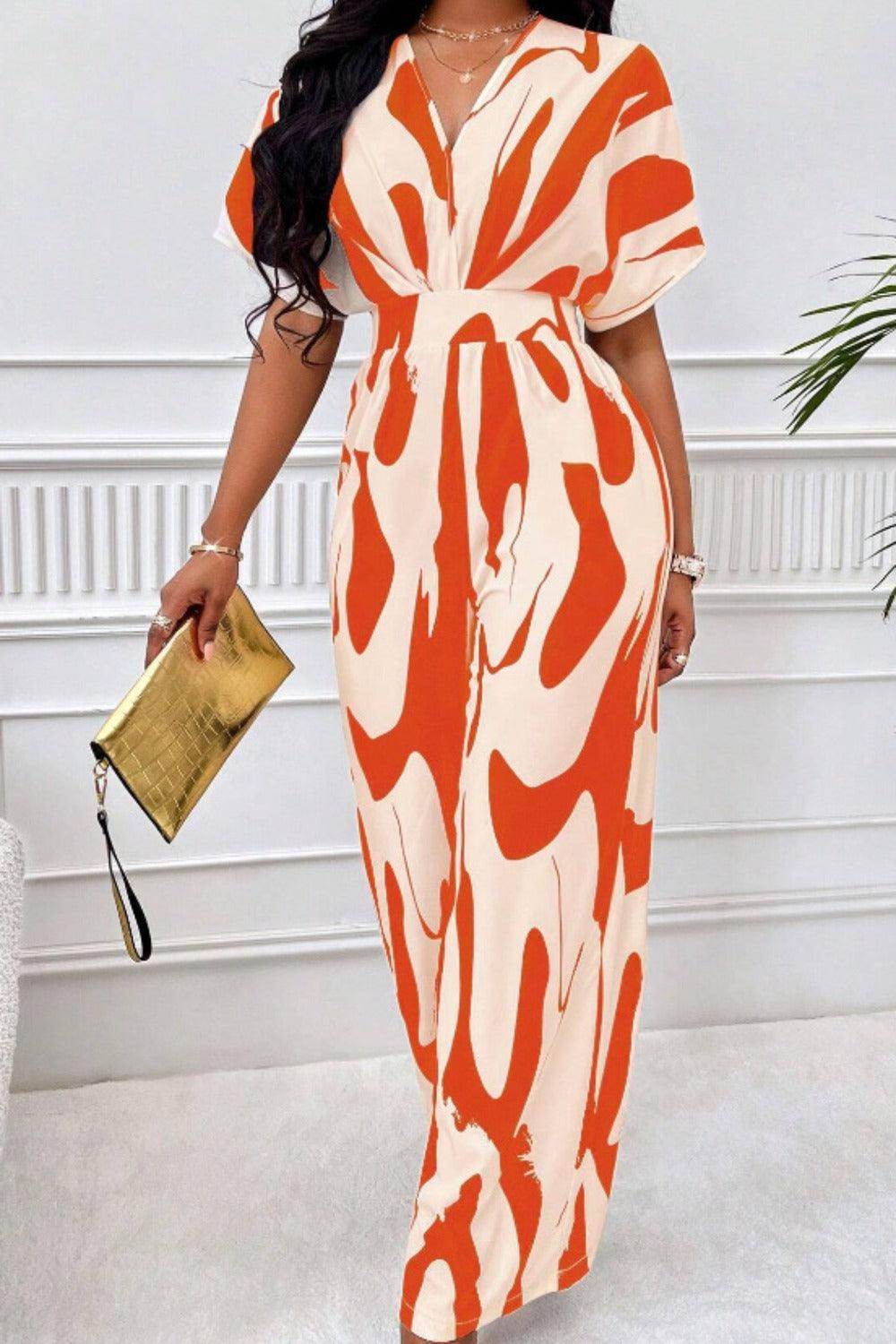 Printed V-Neck Short Sleeve Wide Leg Jumpsuit for Women
