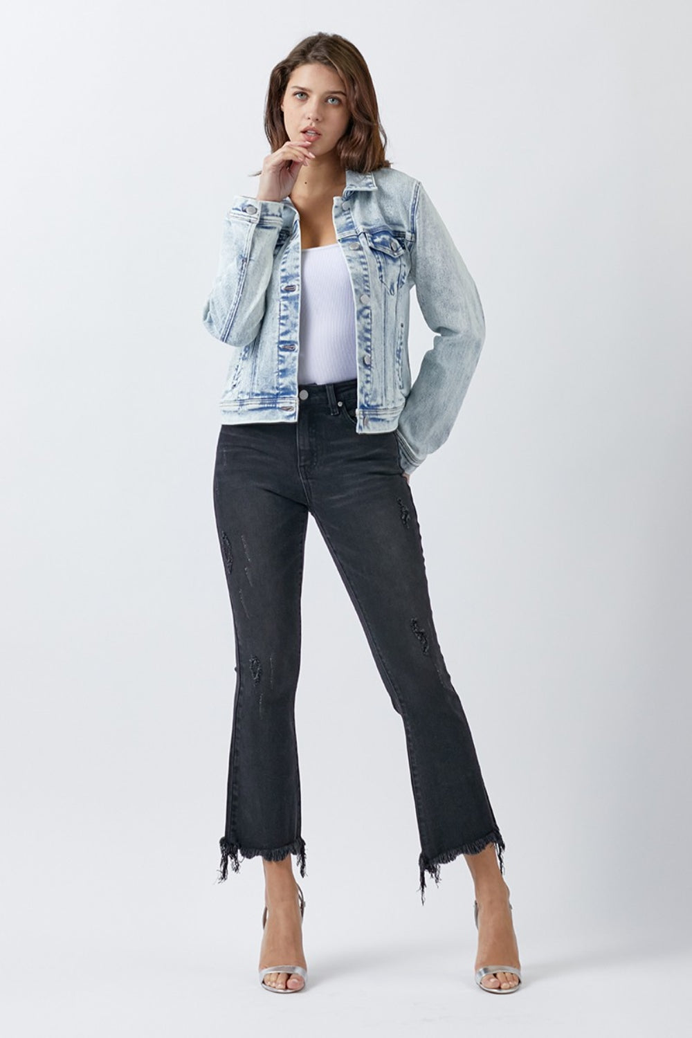 Button Up Washed Jacket Blue Classic Buttoned Jacket With Pocket Detail For Women