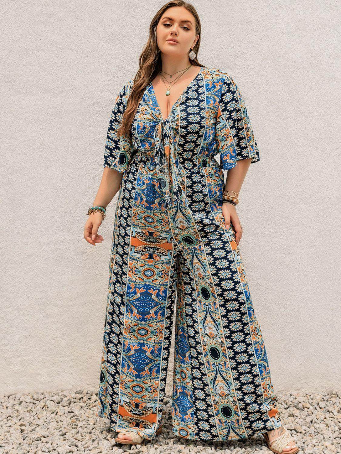 Plus Size Printed Half Sleeve Wide Leg Jumpsuit for Women