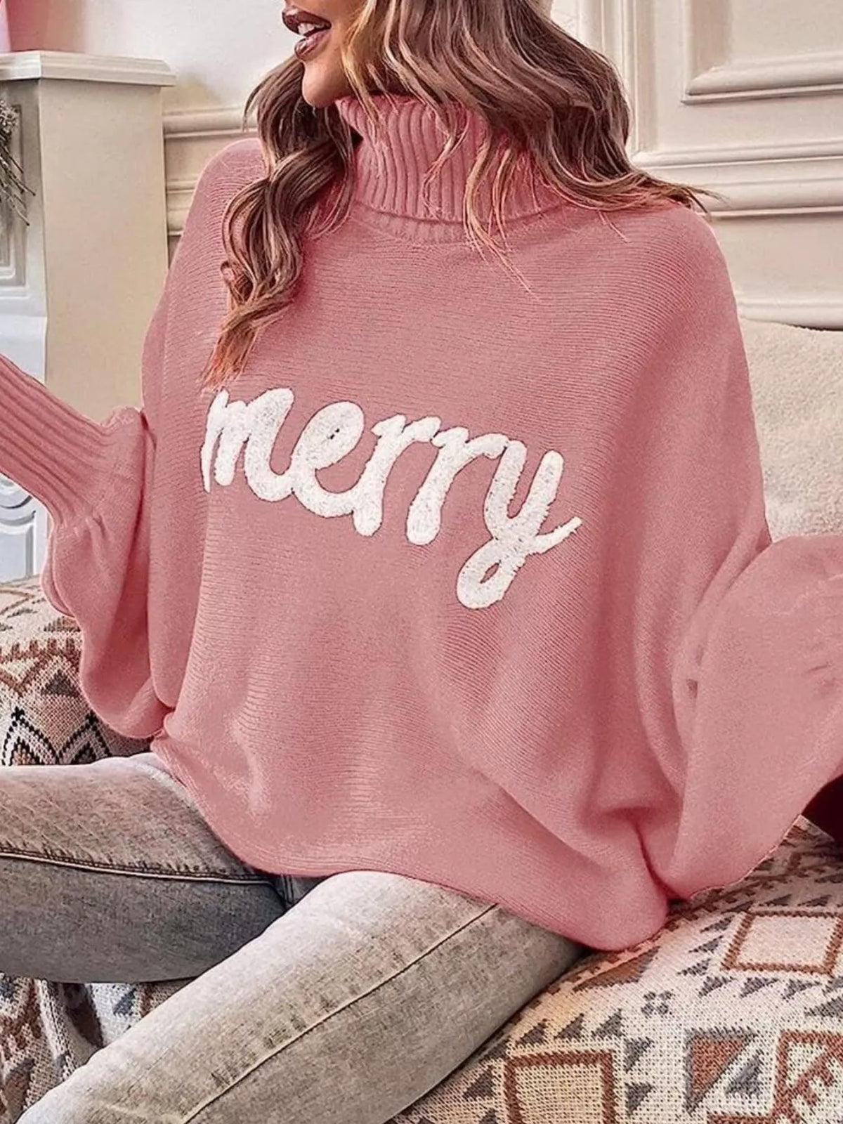 Merry Turtleneck Long Sleeve Christmas Sweater