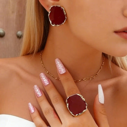 Vintage Irregular Square Red Black Glazed Ring &amp; Earrings Set Women Jewelry