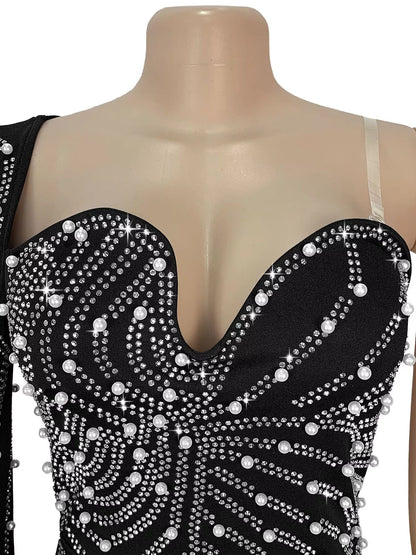 Rhinestone Pearl Detail One-Shoulder Mermaid Maxi Dress