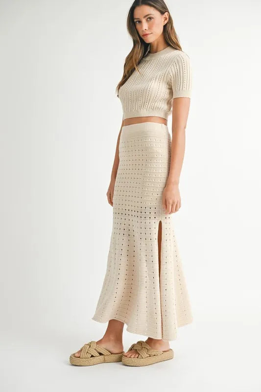 MABLE Pointelle Short Sleeve Crop Top and Slit Skirt Sweater Set