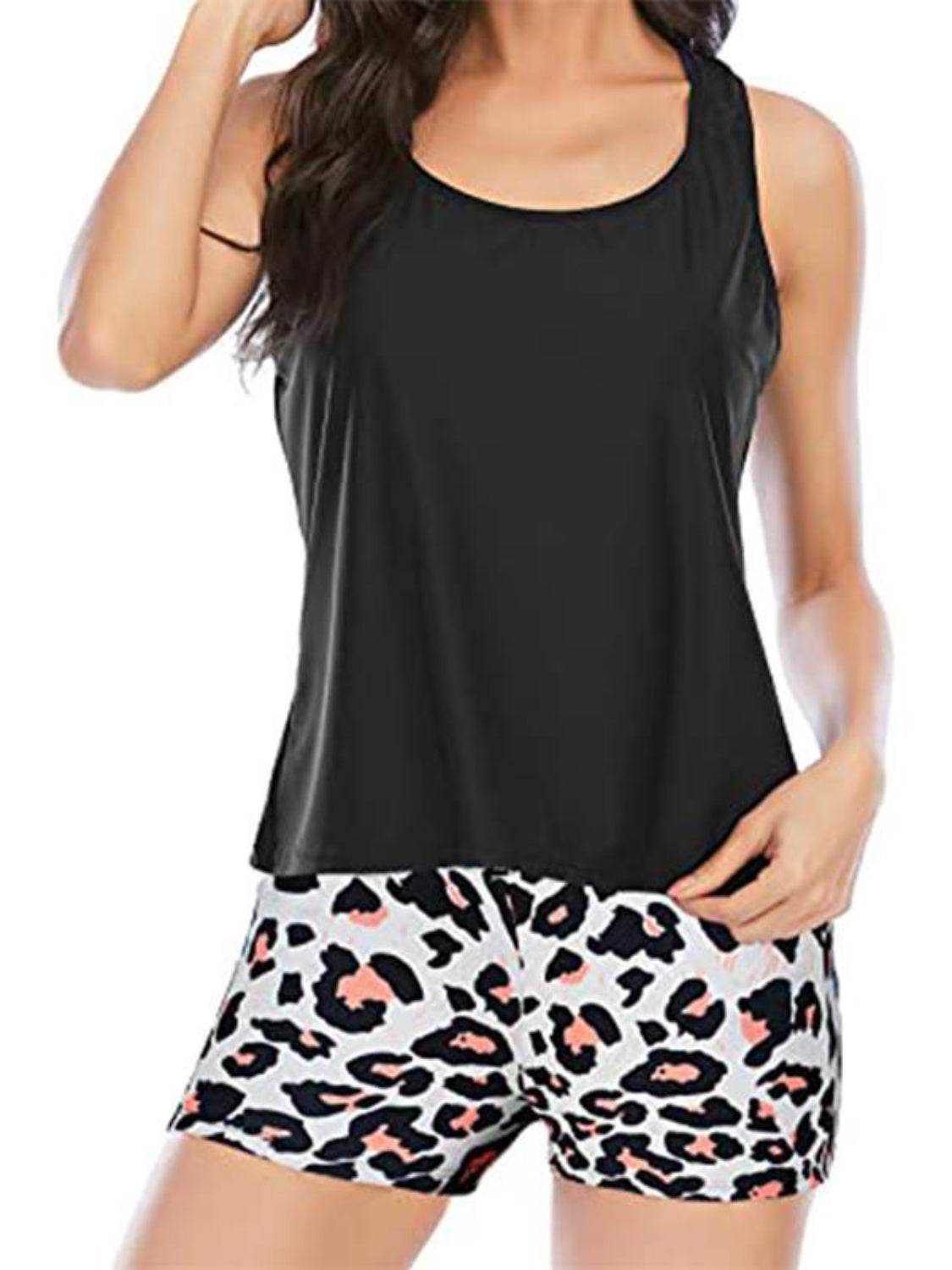 Cutout Printed Round Neck Three-Piece Swim Set