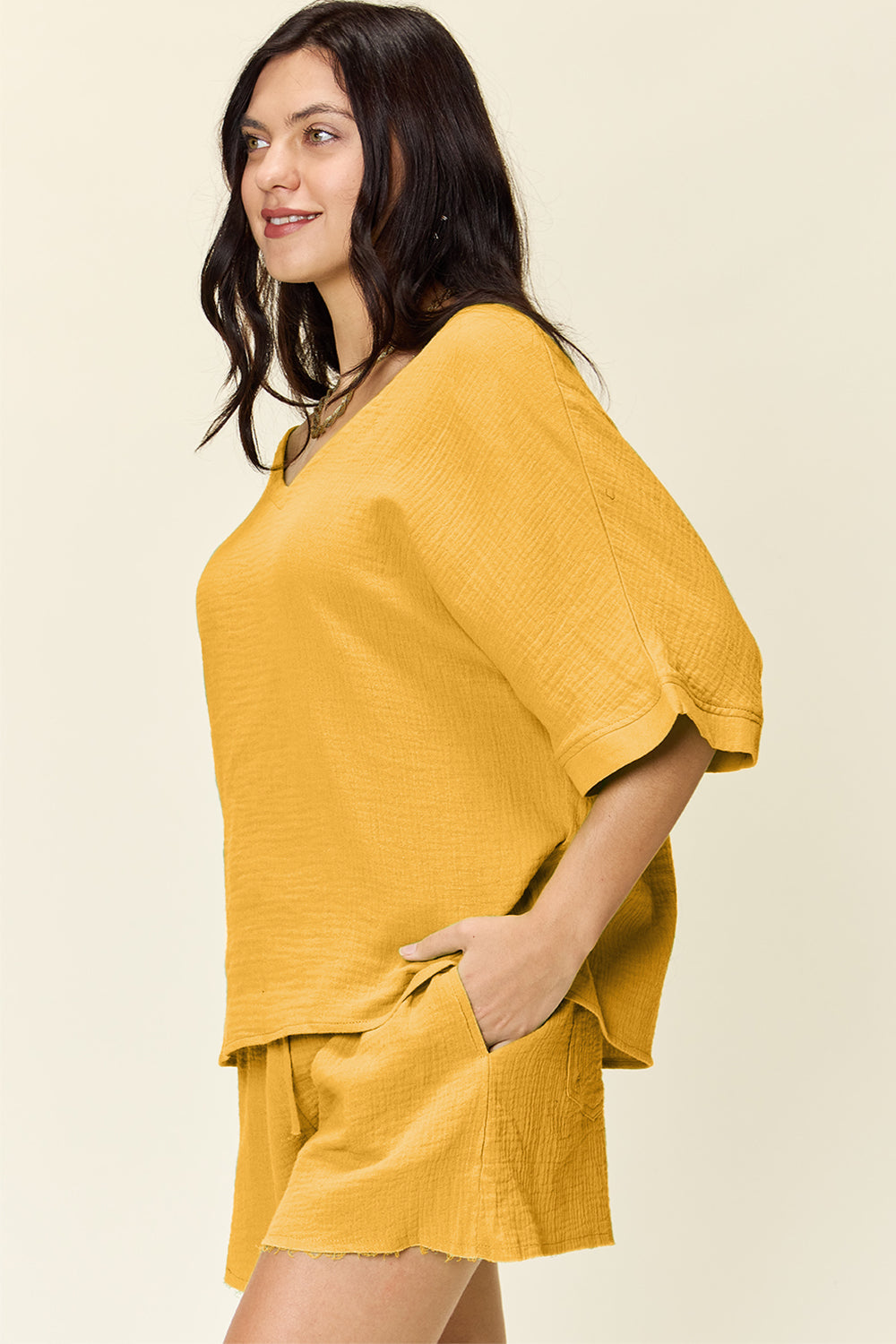 Textured Cotton T-Shirt and Drawstring Shorts Set