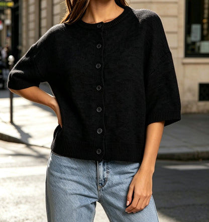 2026 Autumn Cross Border Round Neck Mid Sleeve Knitted Wool Cardigan Women&
