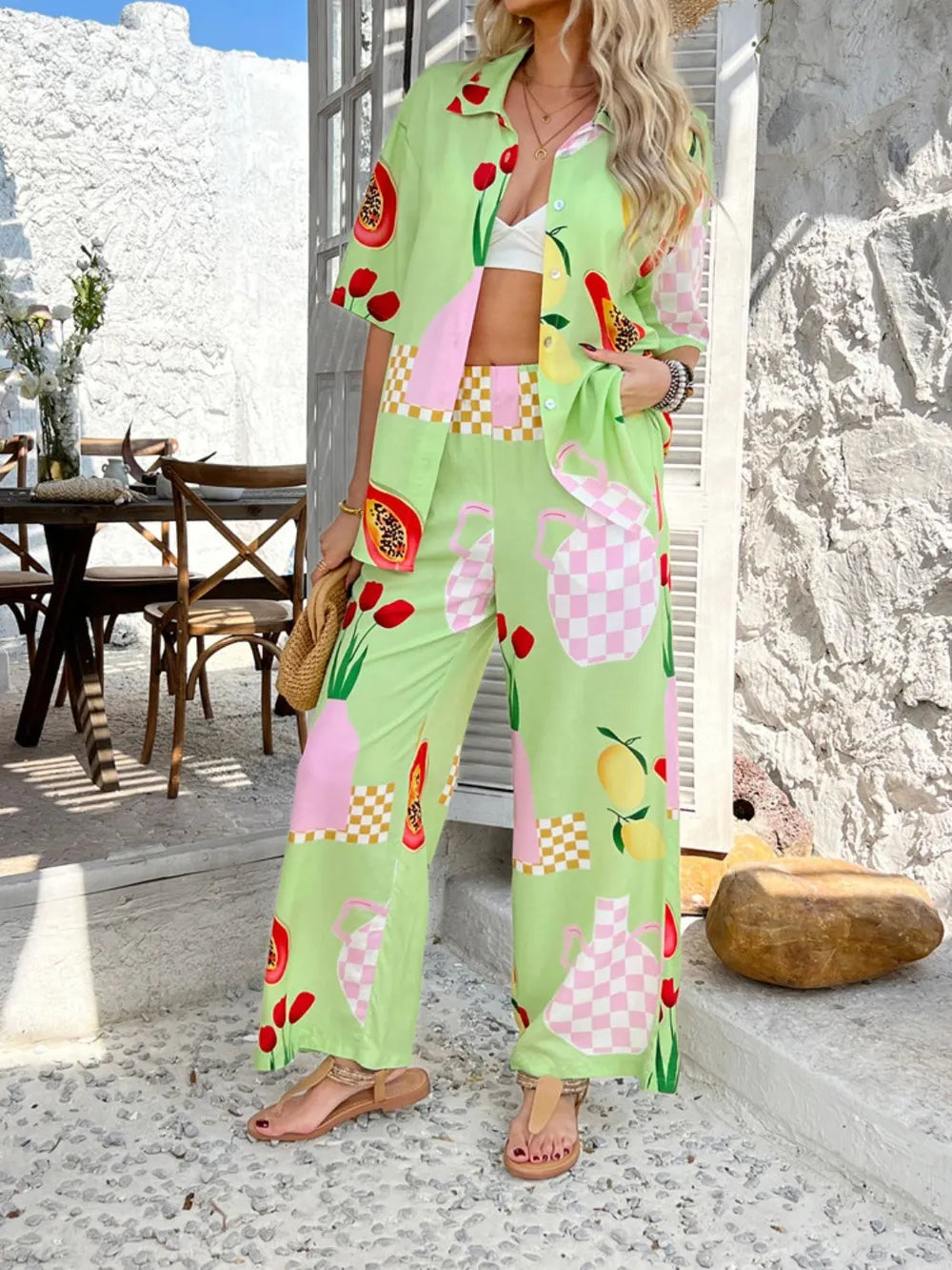 Devine Printed Collared Neck Half Sleeve Top and Pants Set