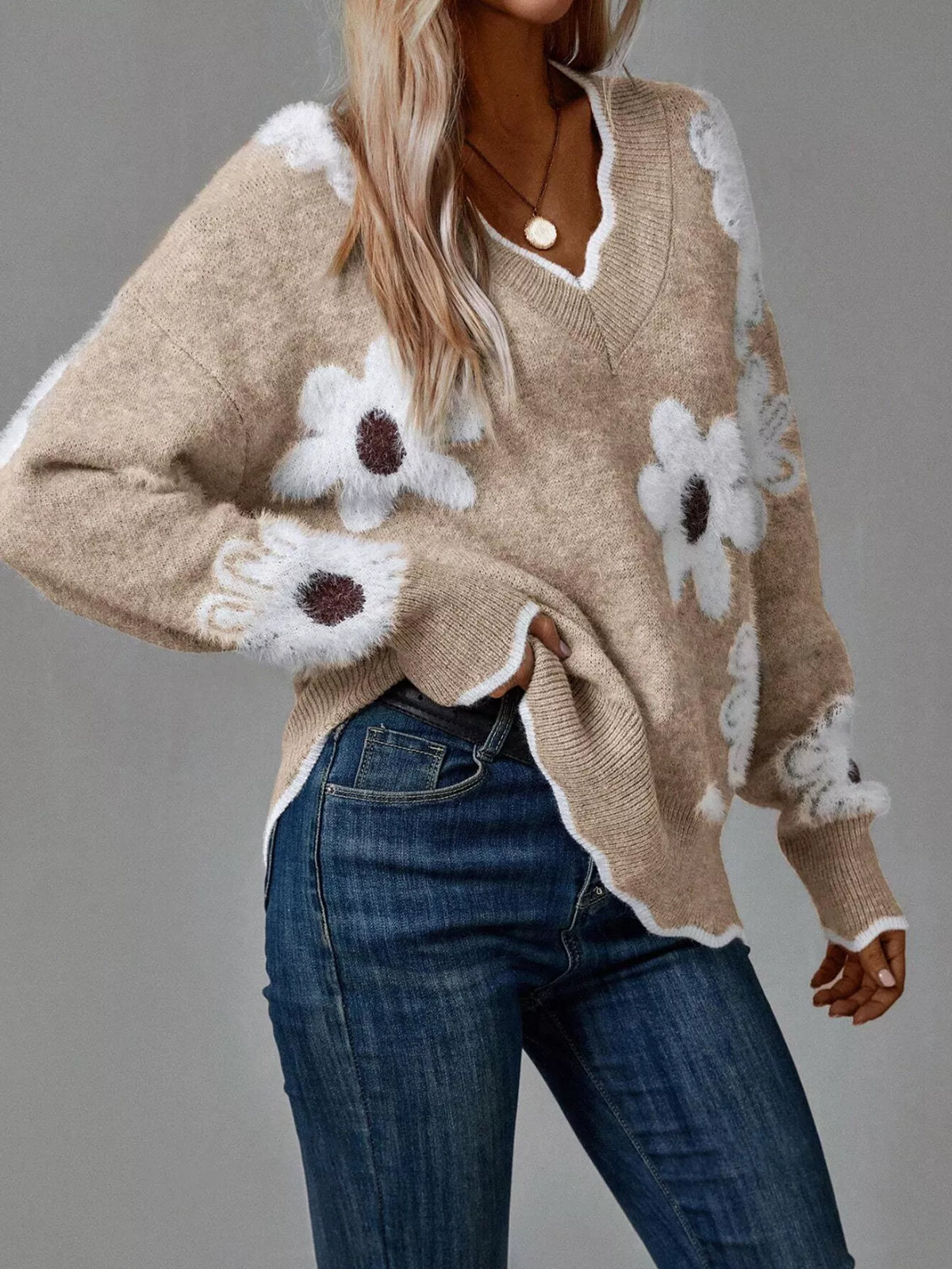 Floral V-Neck Long Sleeve Sweater