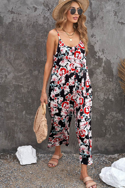 Botanical Print Spaghetti Strap Cropped Jumpsuit