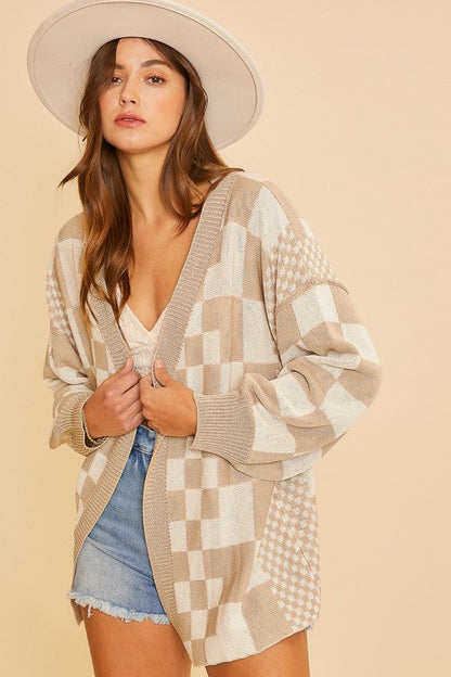 Back To School Sweater - Annie Wear Checkered Open Front Drop Shoulder Cardigan