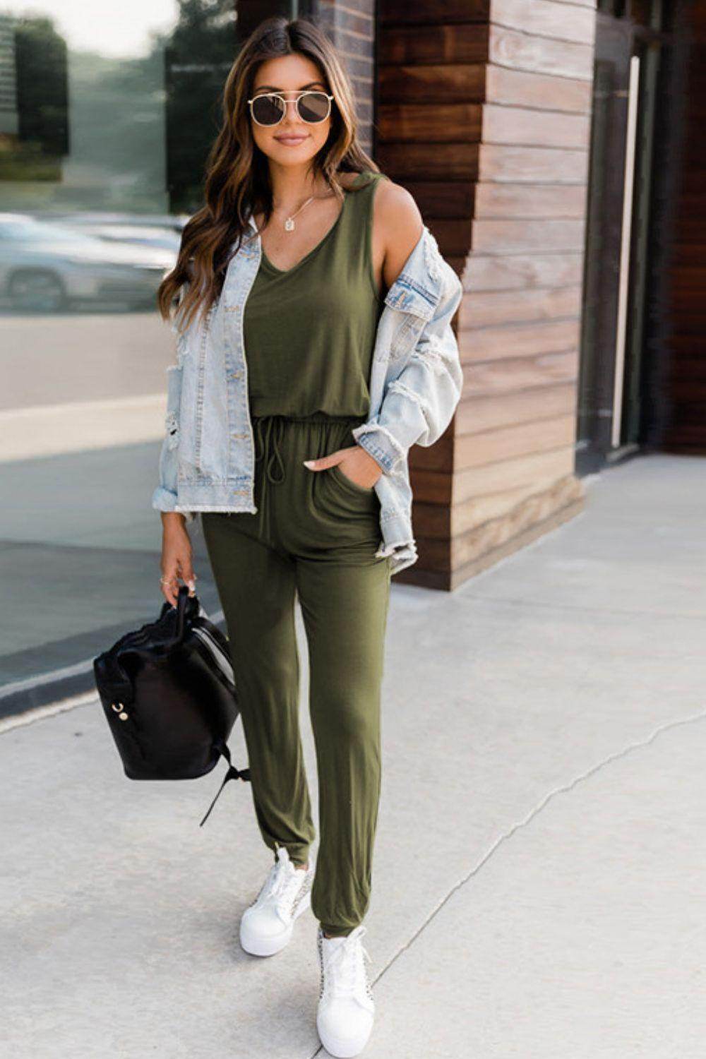 Drawstring Round Neck Sleeveless Jumpsuit for Women