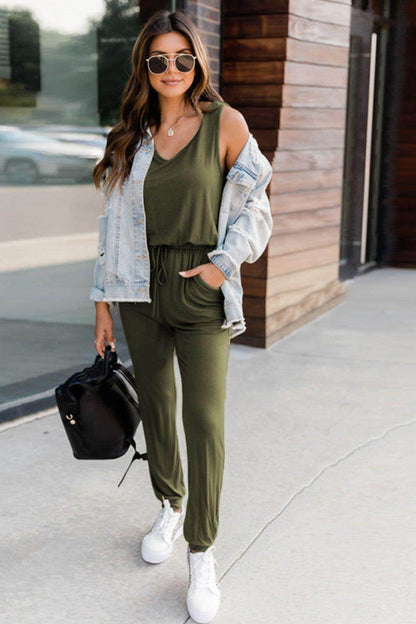 Drawstring Round Neck Sleeveless Jumpsuit for Women