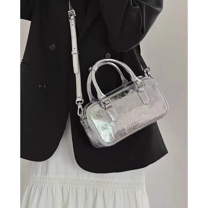 Retro crossbody bag, small square bag, small top handle purse metallic