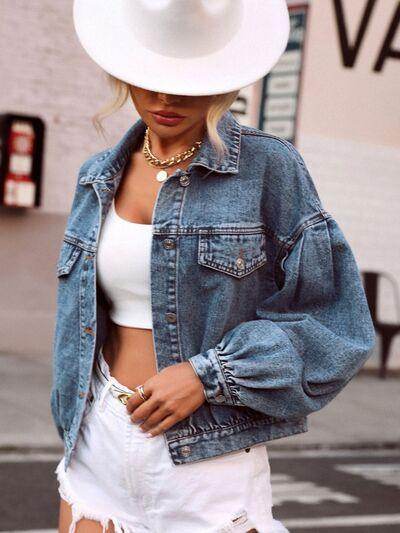 Collared Neck Dropped Shoulder Denim Top for Women