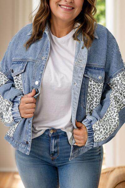 Plus Size Leopard Long Sleeve Denim Jacket for Women