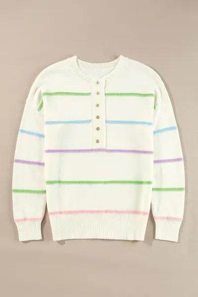 Contrast Striped Half Button Round Neck Sweater for Women