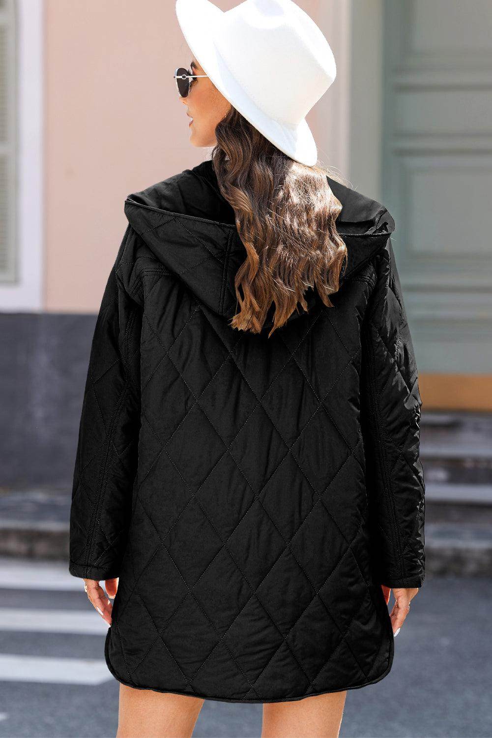 Snap Down Long Sleeve Quilted Winter Coat for Women