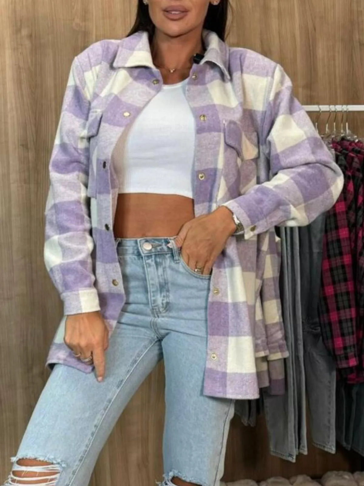 Plaid Button-Down Long Sleeve Shacket