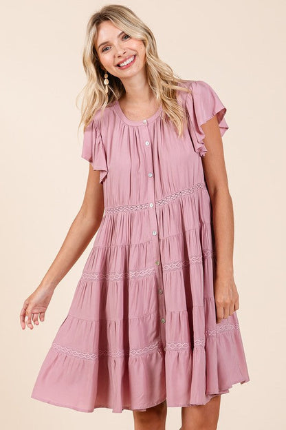 Lace Detail Ruffled Button Down Tiered Dress For Women – Romantic, Fluttering, Delicate, Feminine &amp; Elegant Design