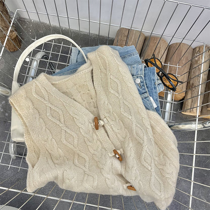 Retro Horn Button V-neck Sweater Vest