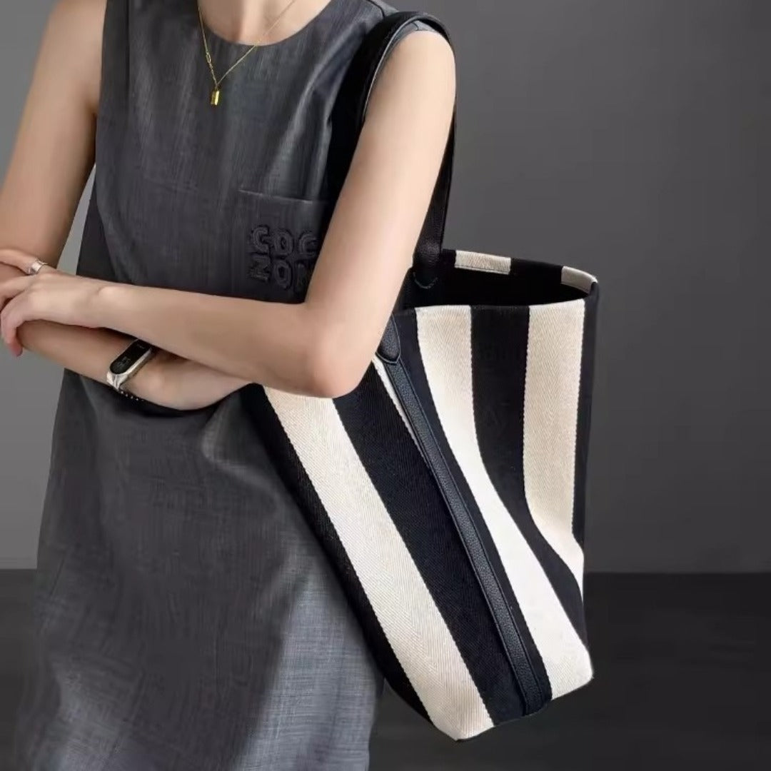 Striped Canvas Bag Large Capacity – Stylish Tote Bag, Versatile Shoulder &amp; Bucket Bag