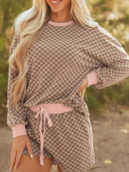 Checkerboard Long Sleeve Pullover and Shorts Set