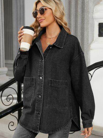 Removable Hood Button Up Long Sleeve Denim Jacket for Women