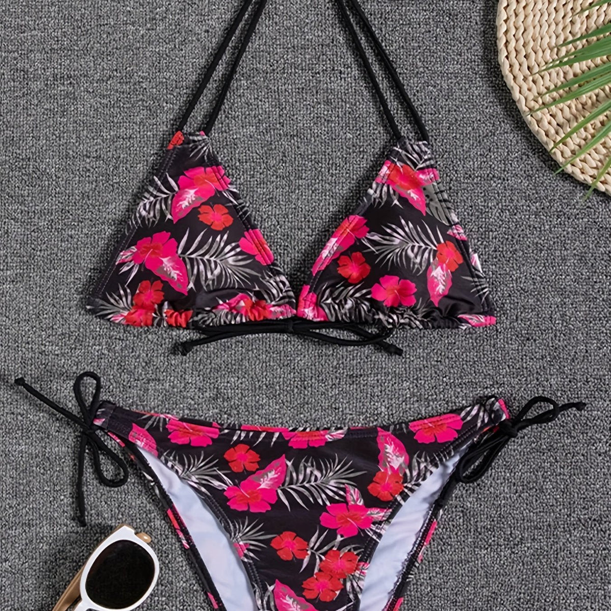 Sunset Bloom 2-Piece Triangle Bikini Set for Women – Vibrant Random Floral Print Halter Neck Swimsuit with Tie-Back Tie-Side Bottoms &amp; High Cut Legs – Women&