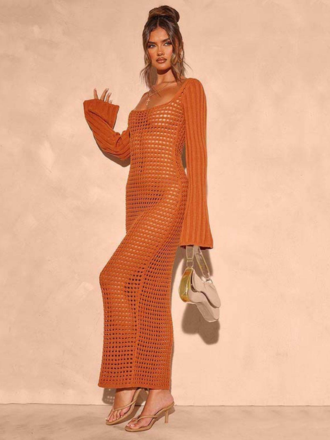 Openwork Square Neck Flare Sleeve Cover-Up Dress
