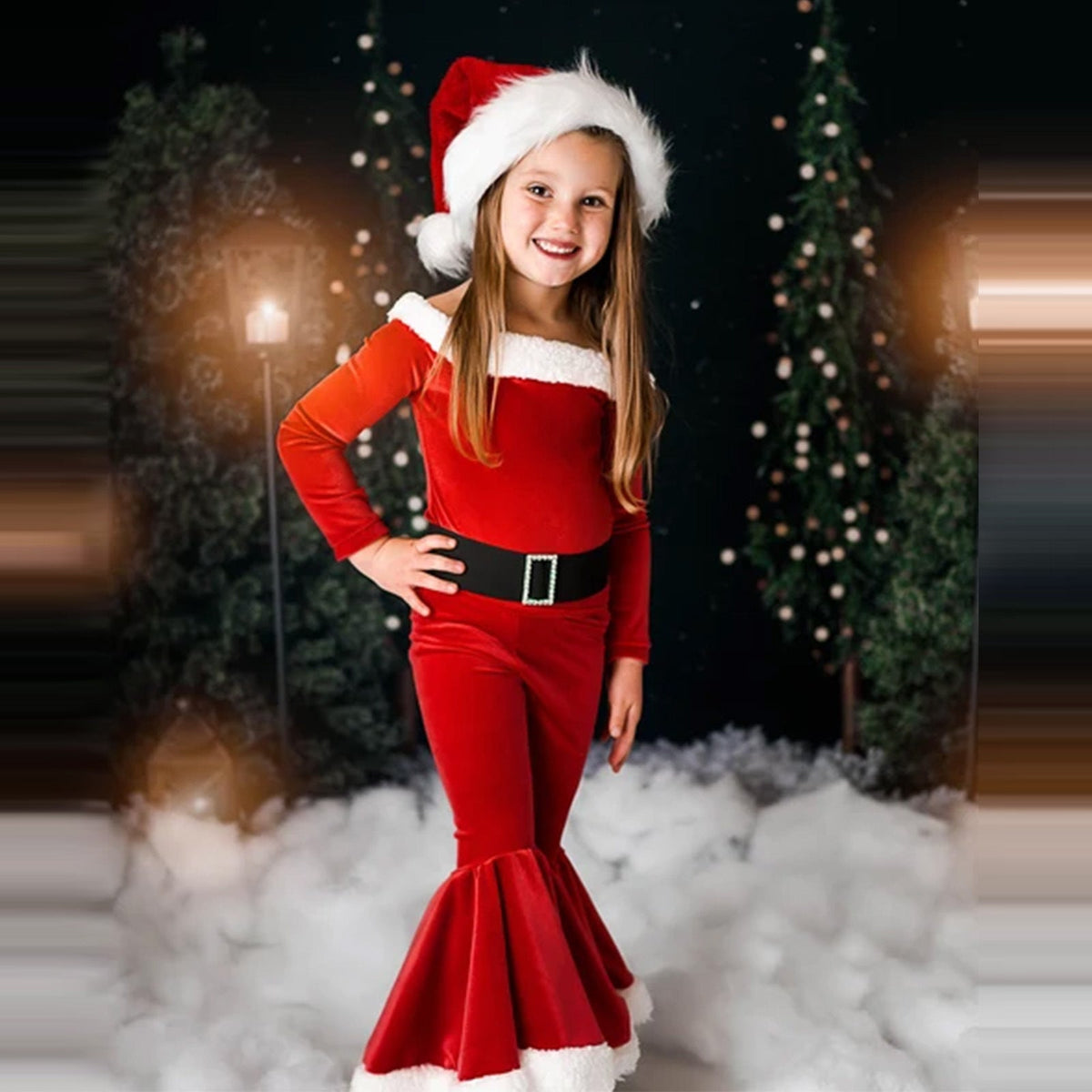Winter Christmas Long-sleeved Shirt Bell Bottoms Hat Three-piece Children&