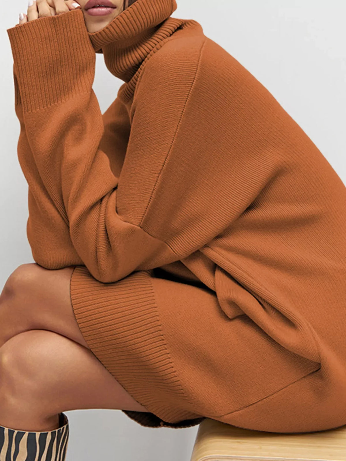 Solid Color Turtleneck Drop Shoulder Loose Sweater Dress
